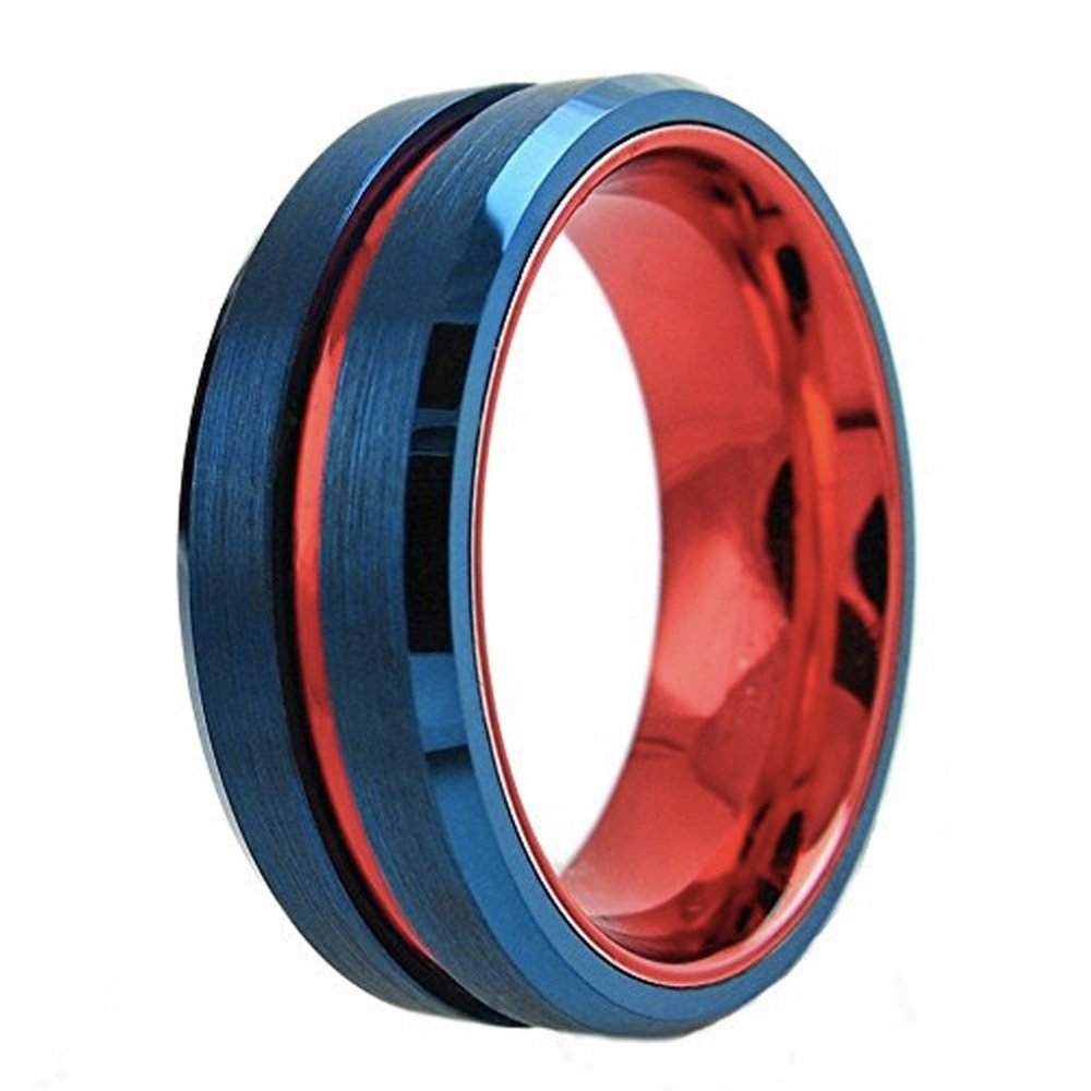 Mens Tungsten Wedding Band (8mm). Blue w/ Red Groove. Matte Finish Tungsten Ring